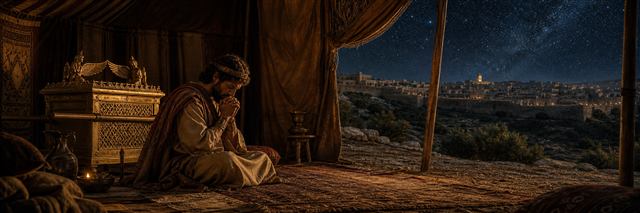 David kneeling in prayer inside the ark’s tent with Jerusalem beneath the stars